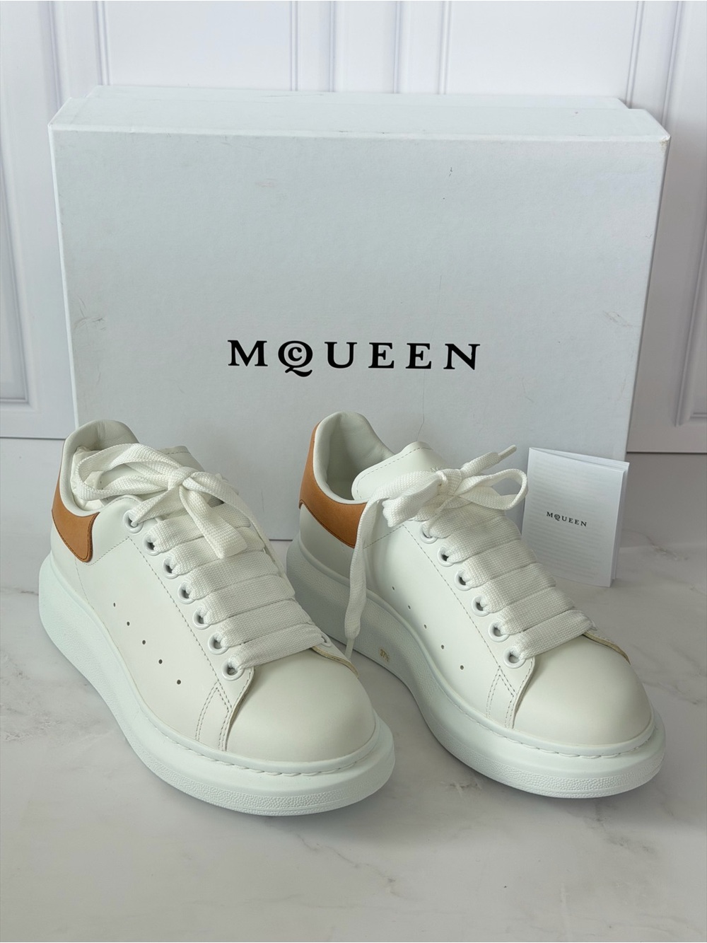 Women’s White Leather Sneakers with Tan Heel